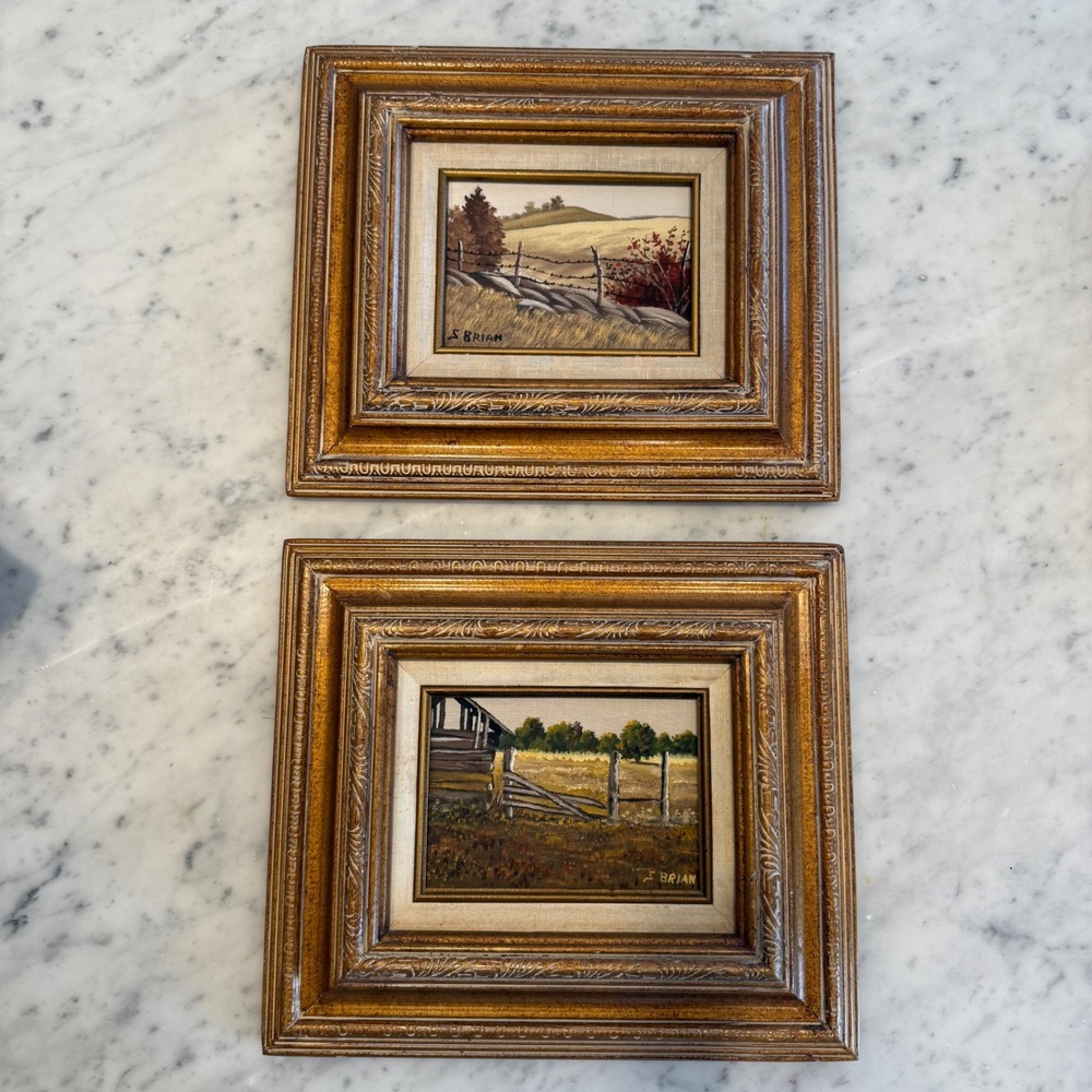 Pair Original Oil‎ Paintings Sam E Brian Texas Landscape Framed Linen Mat Signed